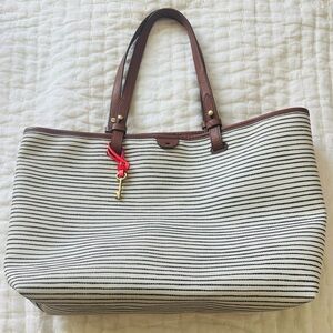Fossil Black and White Striped Tote with Brown Handles
